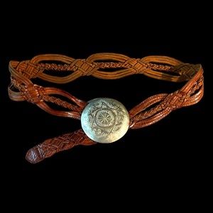 Vintage Brown Cognac Wide Braided Leather Belt Silver Floral Engraved Buckle L